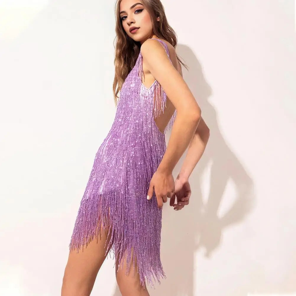 Sequin Dress with Fringes for Parties - Luna-Purple-S-State of Style