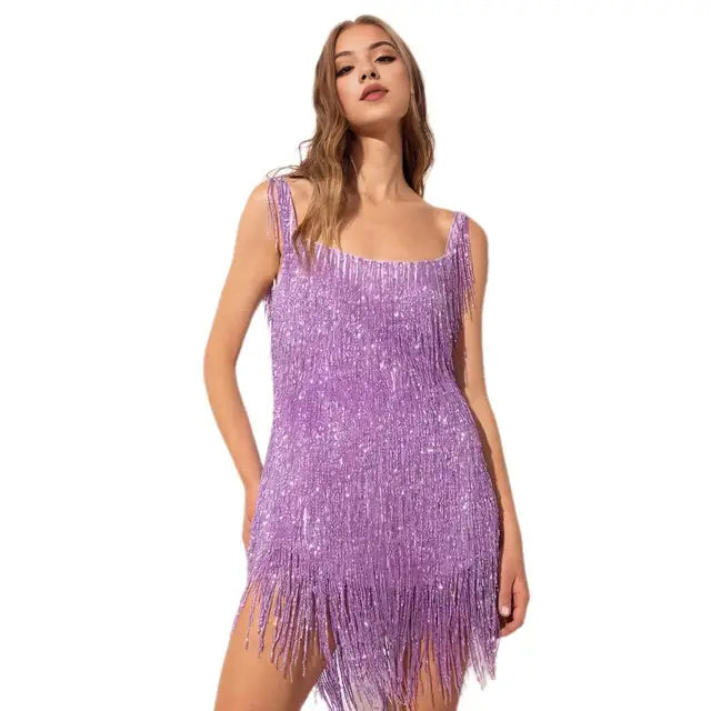 Sequin Dress with Fringes for Parties - Luna-Purple-S-State of Style