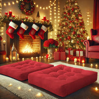 Set of 2 Meditation Cushions - Large Tufted Corduroy Cushions-Red-State of Style