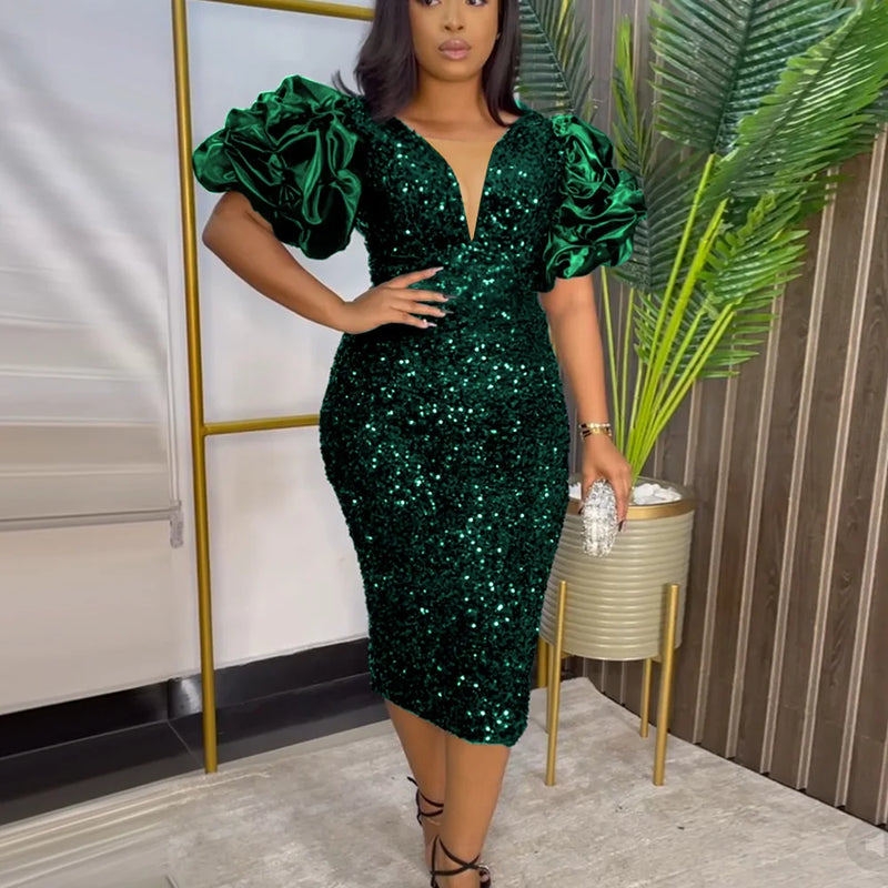 Shimmering Puff Sleeve Vintage Dress – Plus Size-Green-S-State of Style