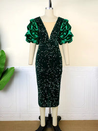 Shimmering Puff Sleeve Vintage Dress – Plus Size-Red-S-State of Style