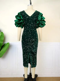 Shimmering Puff Sleeve Vintage Dress – Plus Size-Red-S-State of Style