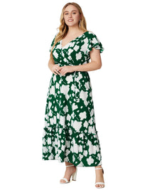 Short-Sleeve Floral Boho Dress in Plus Size-Green-2XL-State of Style
