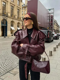 Short women's leather jacket in cherry red with lapel collar – Livana-Cherry red (Burgundy)-S-State of Style