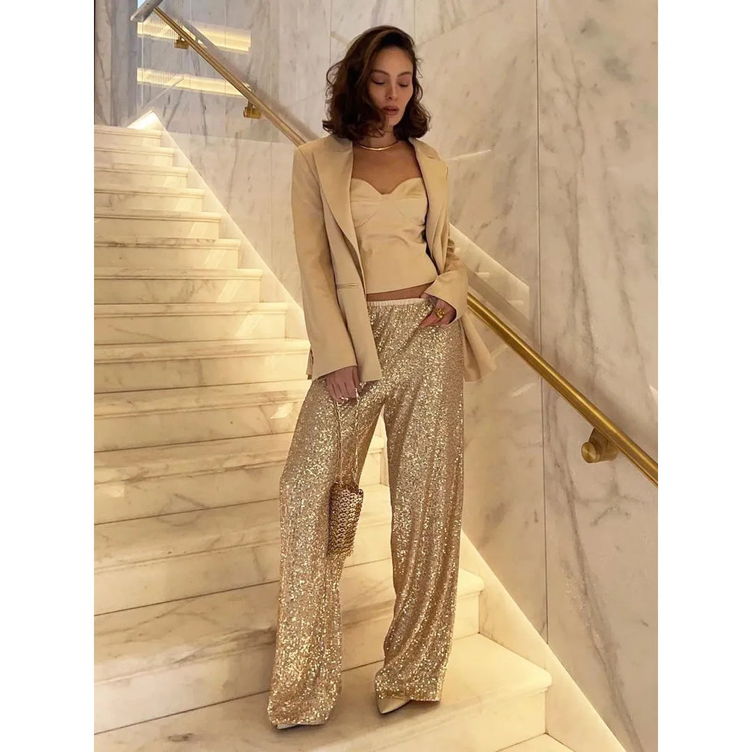 Silky Sequin Pants - Luna-Gold-36-State of Style