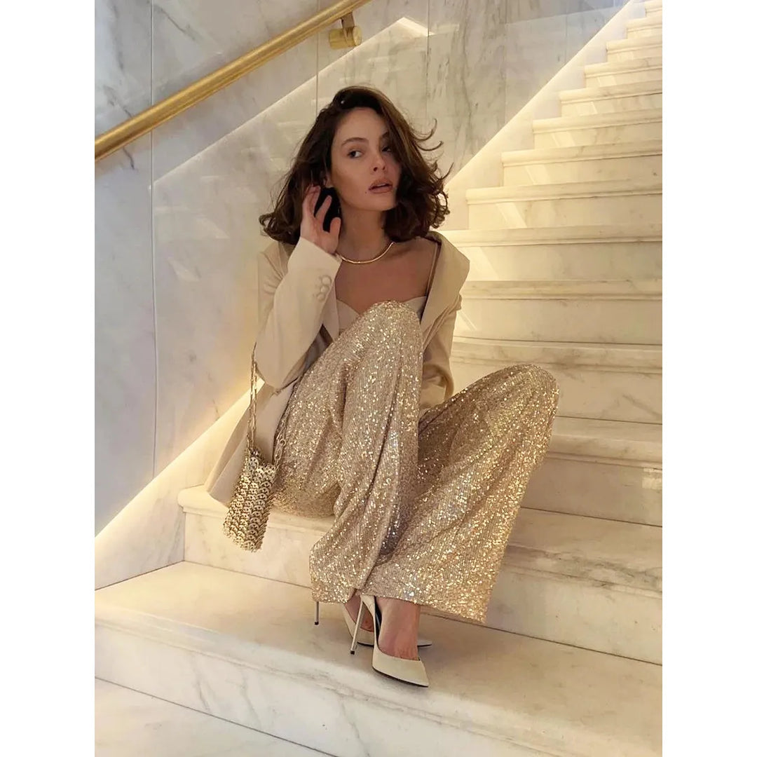 Silky Sequin Pants - Luna-Gold-36-State of Style