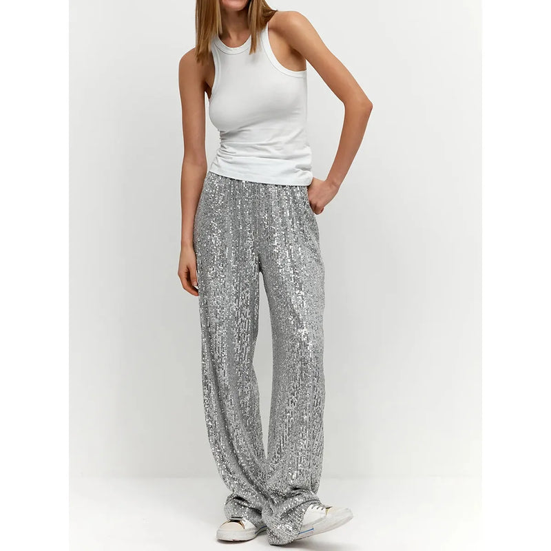 Silky Sequin Pants - Luna-Silver-36-State of Style