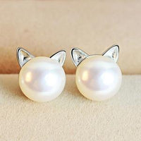 Silver Cat Ear Earrings with Natural Pearls - Selia-State of Style