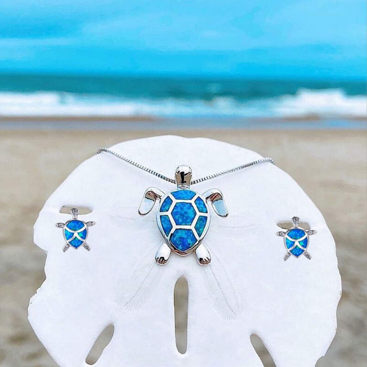 Silver Sea Turtle Necklace and Earring Set - Marinella-Blue-State of Style