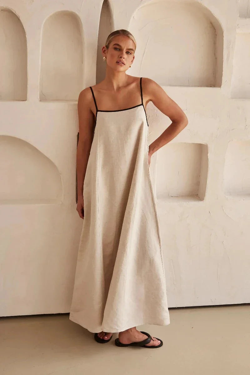 Sleeveless Beige Boho Maxi Dress in Linen Look – Elin-S-State of Style