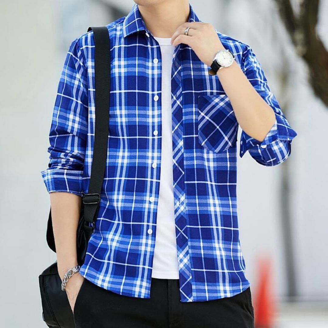 Slim-Fit Checked Shirt Reiner – Cotton & Wool Blend for Comfort-Blue-M-State of Style