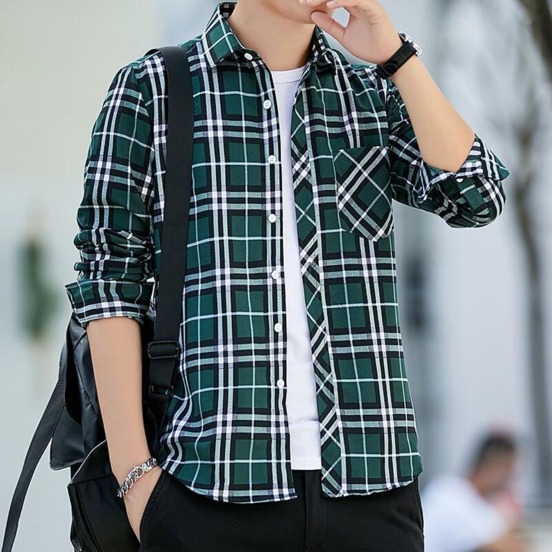 Slim-Fit Checked Shirt Reiner – Cotton & Wool Blend for Comfort-Green-M-State of Style