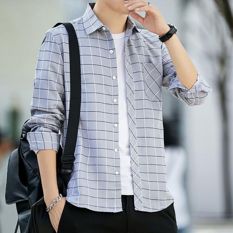 Slim-Fit Checked Shirt Reiner – Cotton & Wool Blend for Comfort-Light Grey-M-State of Style