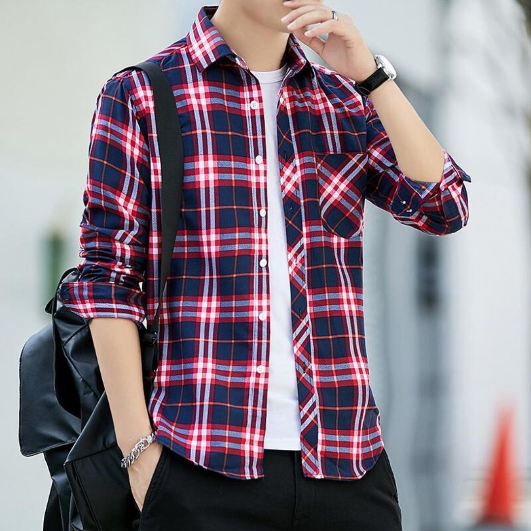 Slim-Fit Checked Shirt Reiner – Cotton & Wool Blend for Comfort-Red-M-State of Style