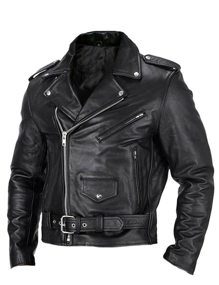 Slim Fit Leather Men's Motorcycle Jacket with Stand-Up Collar - Ryder-Black-XS-State of Style