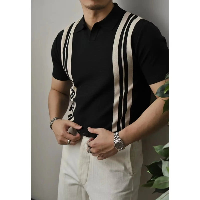 Slim Fit Men's Polo Shirt with Zip – Fabrizio-Black Striped-S-State of Style