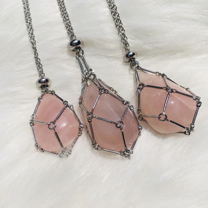 Small Natural Crystal Stone Bracelet Necklace - Iris-Rose quartz-Silver-State of Style