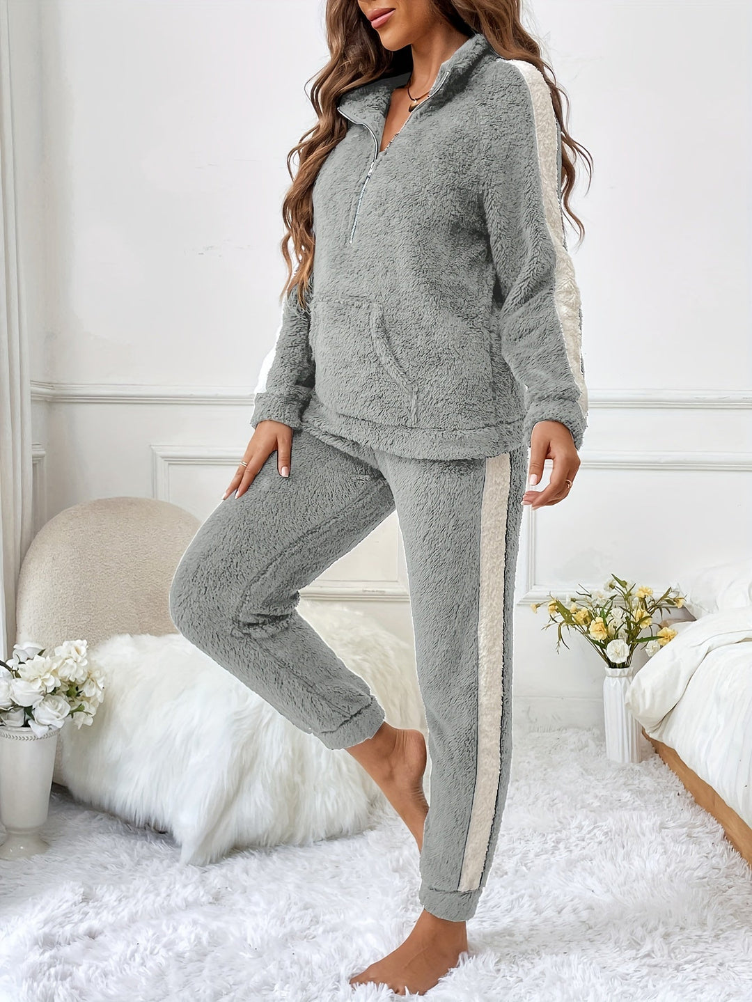 Soft Plush Lounge Pyjama Set with Colour Accents - Lyra-Grey-S-State of Style