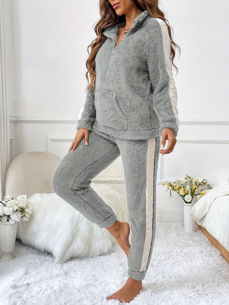 Soft Plush Lounge Pyjama Set with Colour Accents - Lyra-Grey-S-State of Style