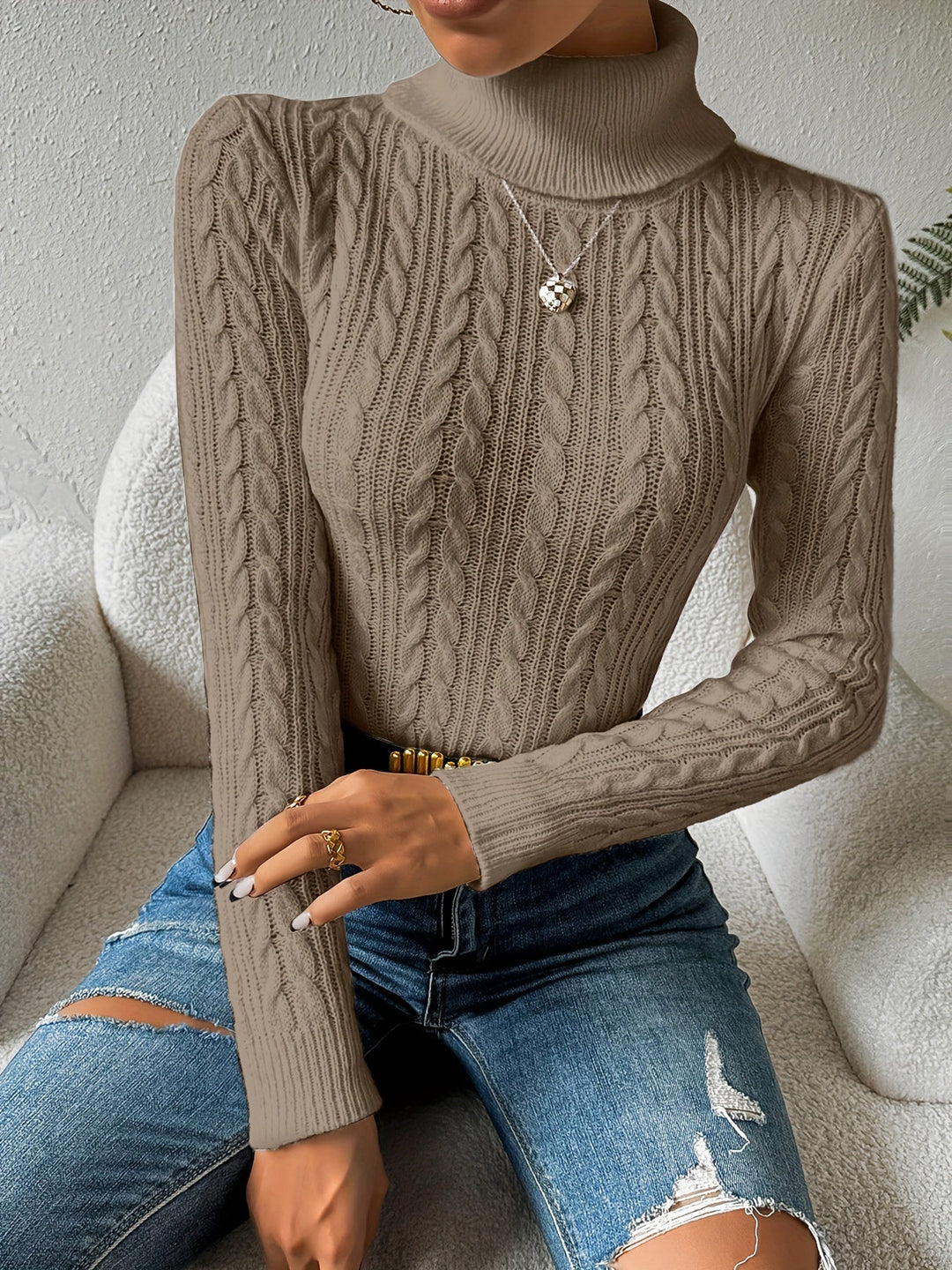 Solid Cable Knit Turtleneck Jumper for Women - Amara-White-S-State of Style