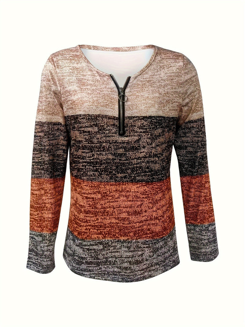 Ladies' sweater with block stripes and quarter zip – Mila