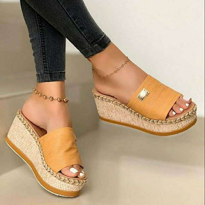 Sophie - Orthopedische Zwart Espadrille Wedges-Geel-35-State of Style