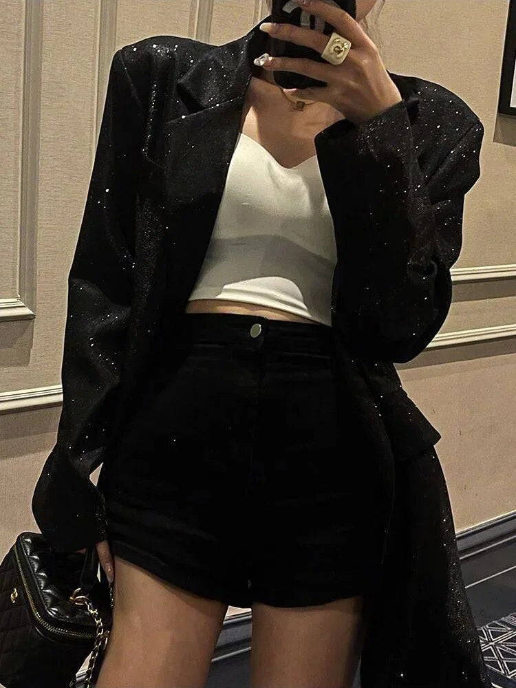 Sparkling Sequin Blazer - Celeste-Black-S-State of Style