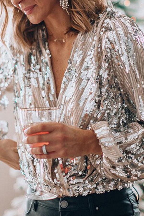 Sparkling & Stylish Women's Glitter V-Neck Long Sleeve Top – Naya-XS-State of Style