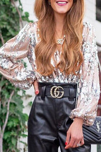 Sparkling & Stylish Women's Glitter V-Neck Long Sleeve Top – Naya-XS-State of Style