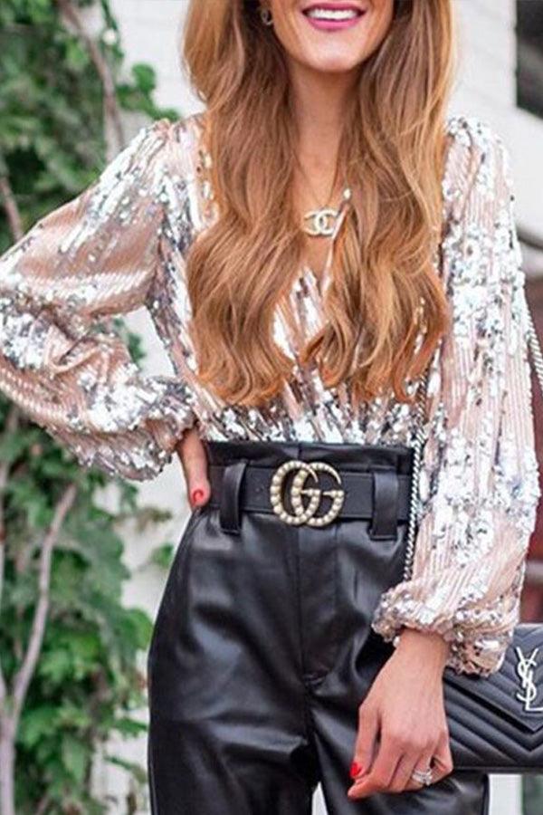 Sparkling & Stylish Women's Glitter V-Neck Long Sleeve Top – Naya-XS-State of Style