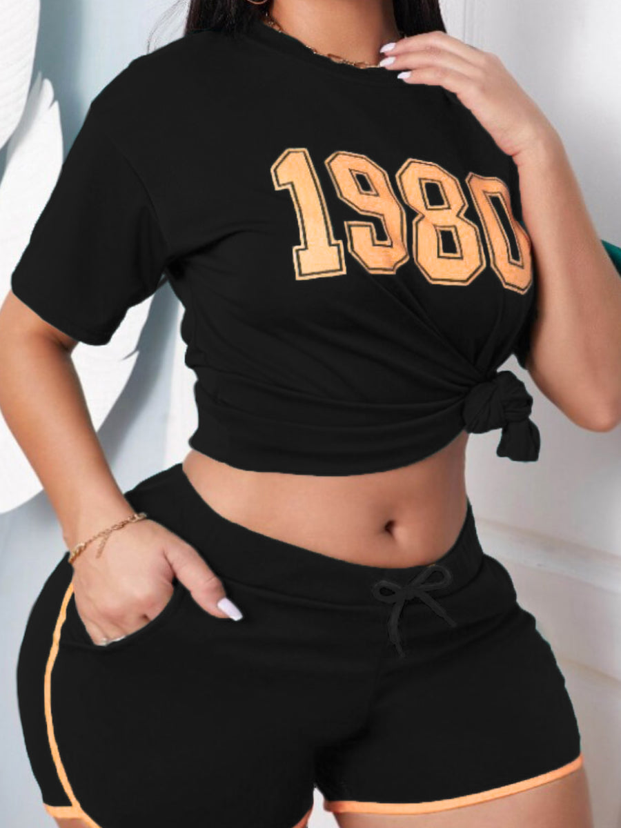 Sporty Duo Set with Letter Print in Plus Size-Green-2XL-State of Style