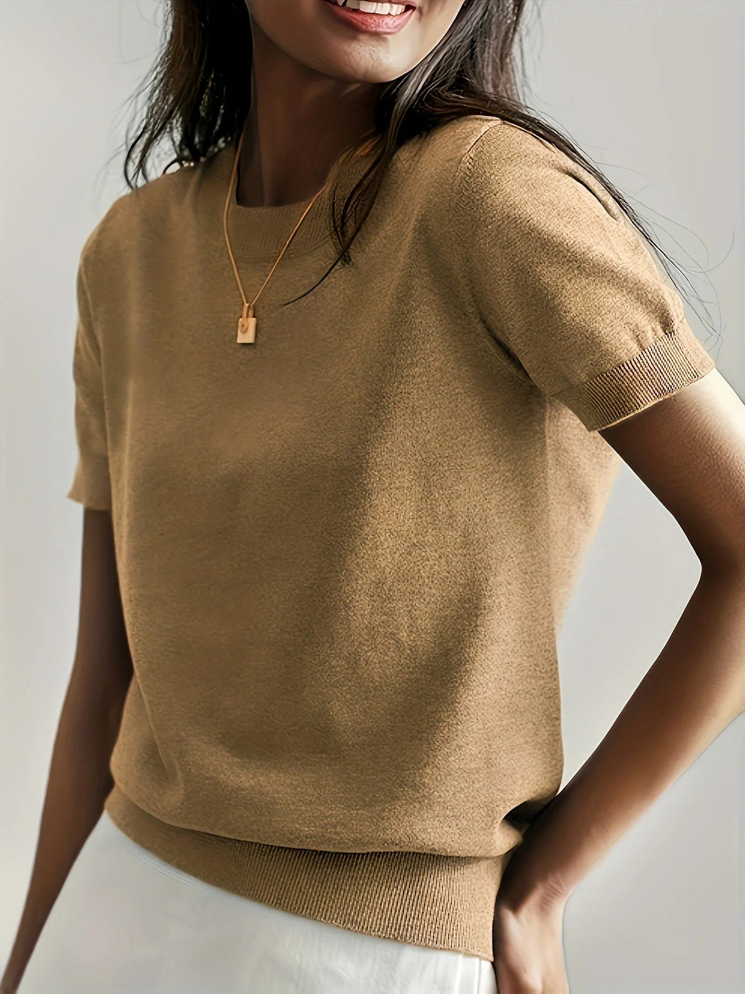 Spring Sweater with Short Sleeves – Mira-Beige-XS-State of Style