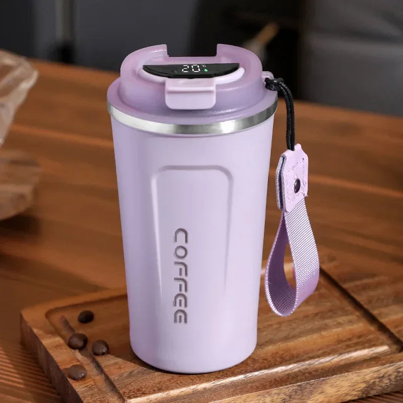 Stainless Steel Thermo Mug with Smart Temperature Display - TempMate-Purple with Carrying Strap-380ML-State of Style