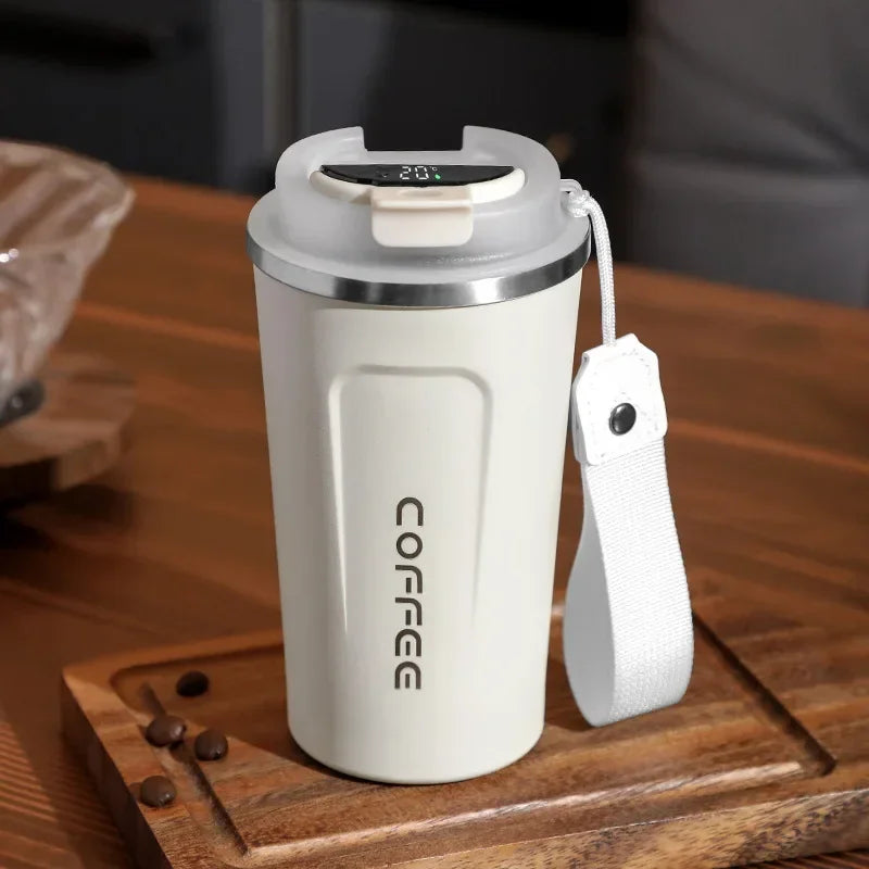 Stainless Steel Thermo Mug with Smart Temperature Display - TempMate-White with Shoulder Strap-380ML-State of Style