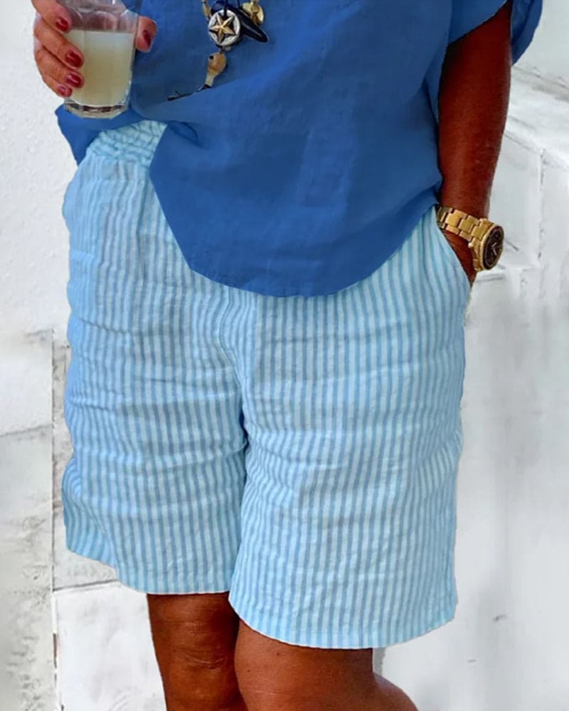 Striped Cotton-Linen Women's Shorts – Nina-Blue-S-State of Style