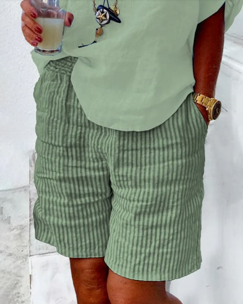 Striped Cotton-Linen Women's Shorts – Nina-Green-S-State of Style
