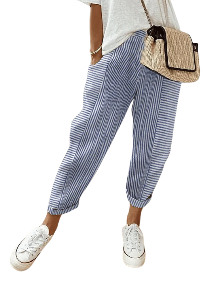 Striped Cotton Women's Trousers - Amara-Blue-S-State of Style
