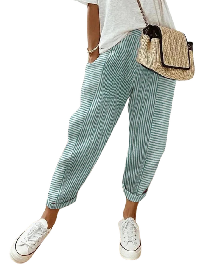 Striped Cotton Women's Trousers - Amara-Green-S-State of Style