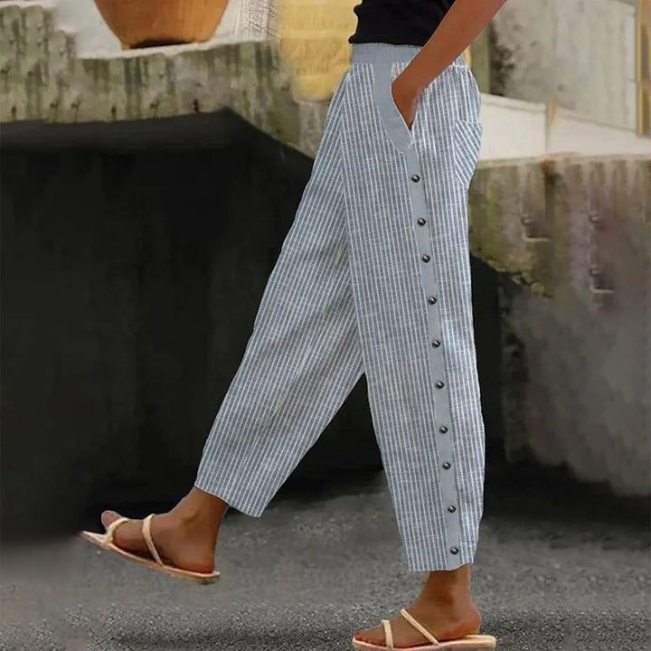 Striped High-Waist Ladies' Trousers with Decorative Buttons – Florence-Gray-S-State of Style
