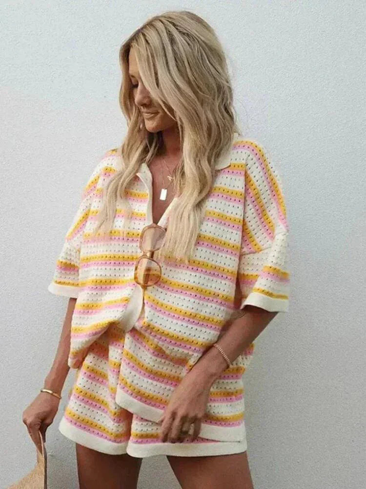 Striped Ladies' Summer Set with Top and Shorts – Faye-Orange-S-State of Style