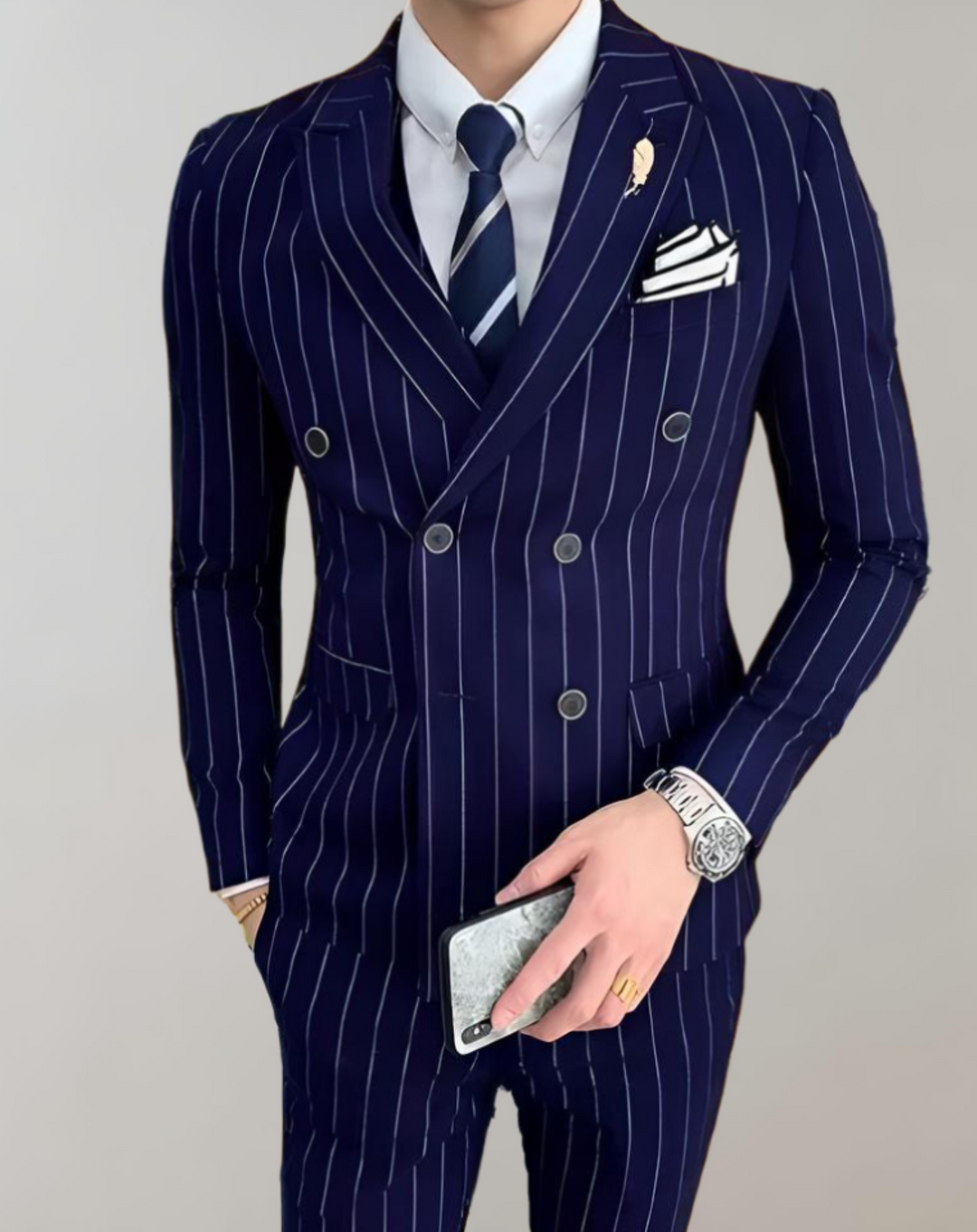 Striped Men's Double-Breasted Suit - Maxim-Blue-S-State of Style