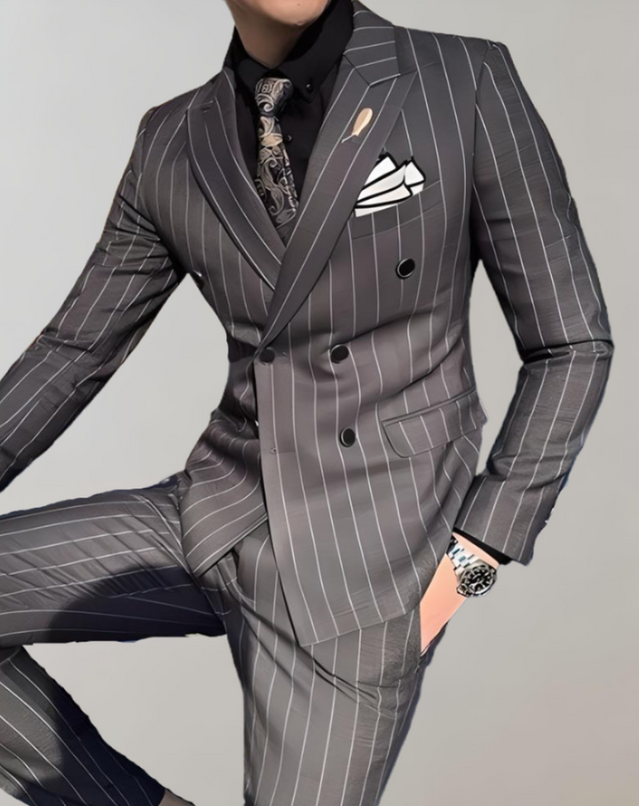 Striped Men's Suit with Double-Breasted Buttons - Maxim-Grey-S-State of Style
