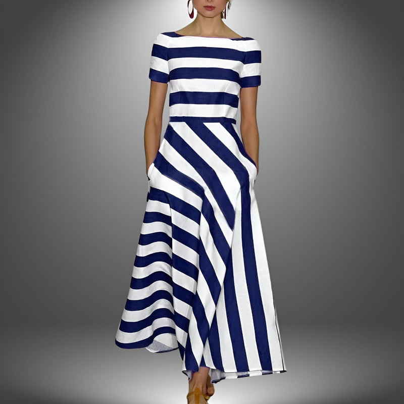 Striped & Stylish Maxi Dress with Short Sleeves – Noemi-Blue-S-State of Style