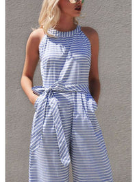 Striped summer jumpsuit for women with wide leg and V-neck – Alina-Blue-S-State of Style