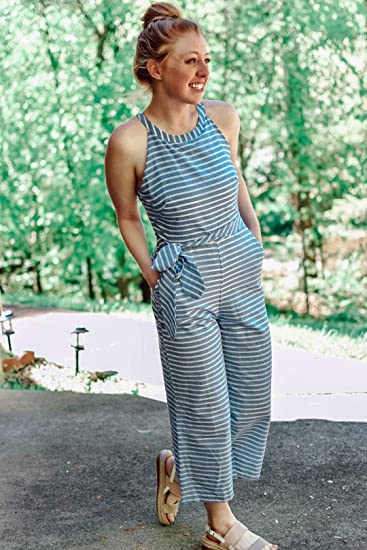 Striped summer jumpsuit for women with wide leg and V-neck – Alina-Blue-S-State of Style