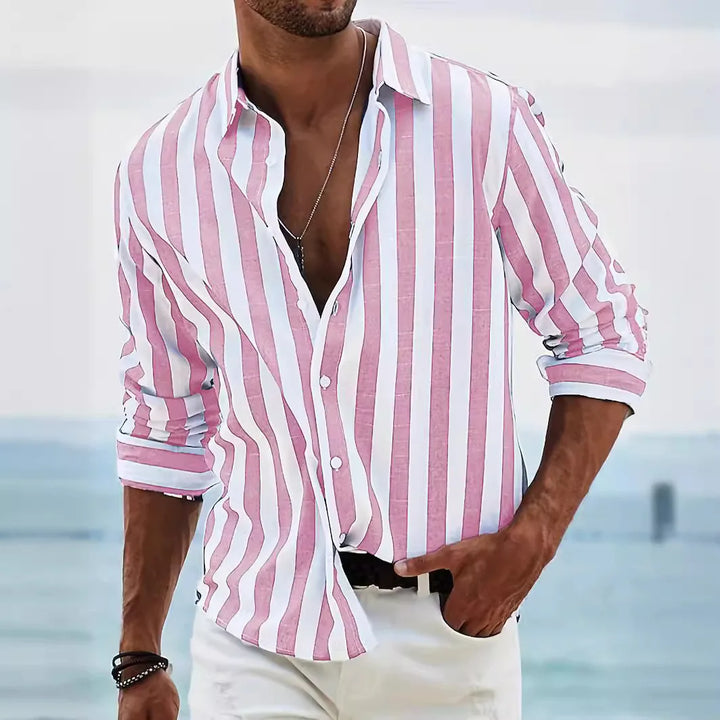 Striped summer shirt made of cotton and linen for men - Moritz-Pink-S-State of Style