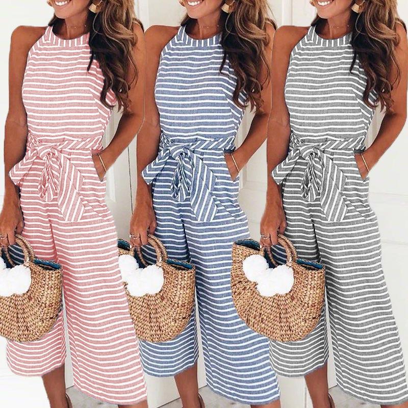Striped women's jumpsuit with wrap neckline – Vivienne-Blue-S-State of Style