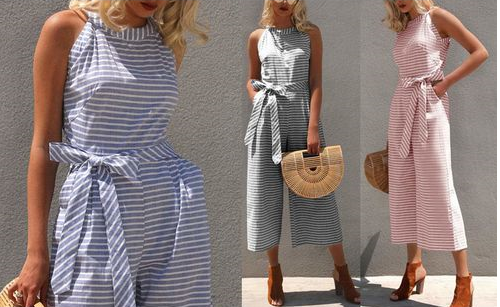 Striped women's jumpsuit with wrap neckline – Vivienne-Blue-S-State of Style