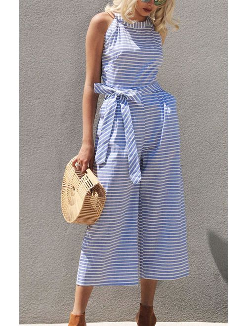 Striped women's jumpsuit with wrap neckline – Vivienne-Blue-S-State of Style