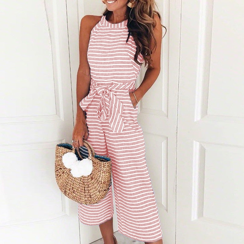Striped women's jumpsuit with wrap neckline – Vivienne-Pink-S-State of Style
